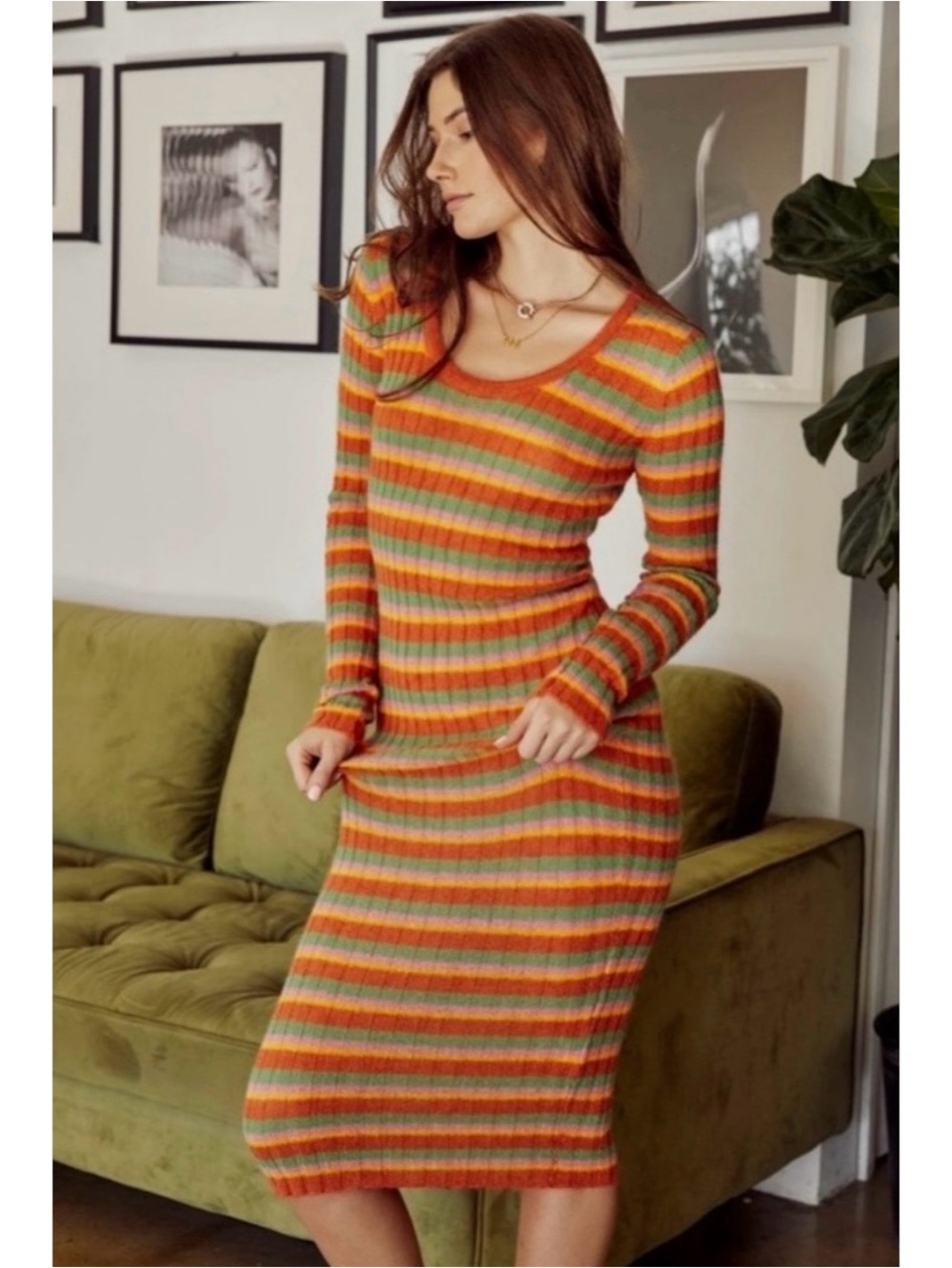 Lisa Says Gah Orange Stripe Malfa Wool Blend Midi Sweater Dress XS/S XS Small